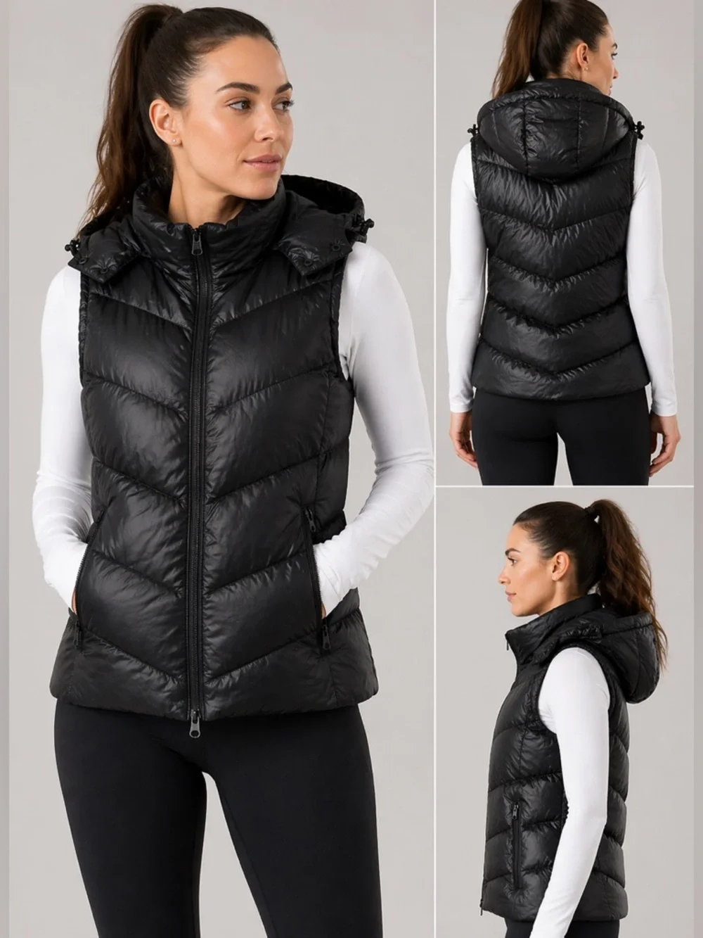 Nike The Athletic Dept Black Puffer Vest Small Petite Removable Hood Zip Pockets